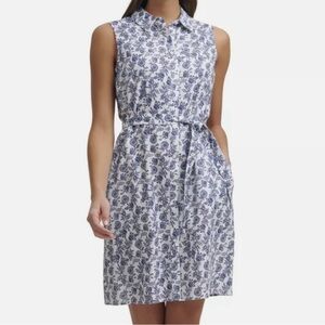 Banana republic (12) white blue floral sleeveless belt button down midi dress
